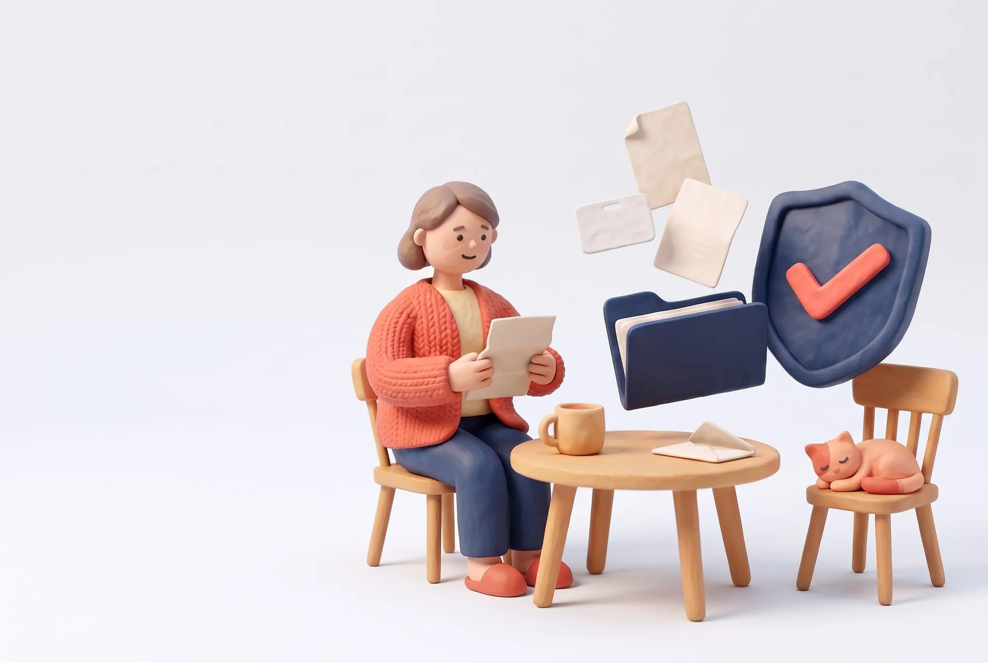 A clay figure of a woman at her kitchen table reading a letter over a cup of tea, while her papers float into a folder beside a navy shield with a coral tick